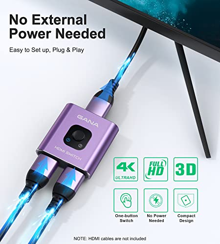 HDMI Switch 4k@60hz Splitter, GANA Aluminum Bidirectional HDMI Switcher 2 in 1 Out, Manual HDMI Hub Supports HD Compatible with Xbox PS5/4/3 Blu-Ray Player Fire Stick Roku - color: Purple (No Cable)