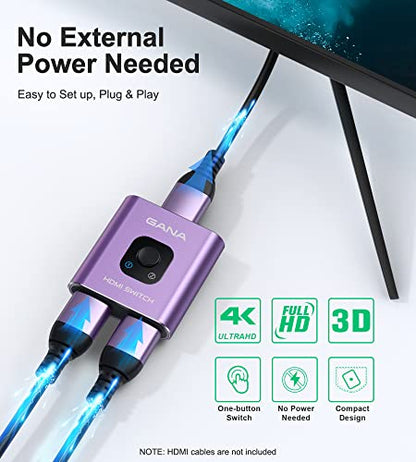 HDMI Switch 4k@60hz Splitter, GANA Aluminum Bidirectional HDMI Switcher 2 in 1 Out, Manual HDMI Hub Supports HD Compatible with Xbox PS5/4/3 Blu-Ray Player Fire Stick Roku - color: Purple (No Cable)