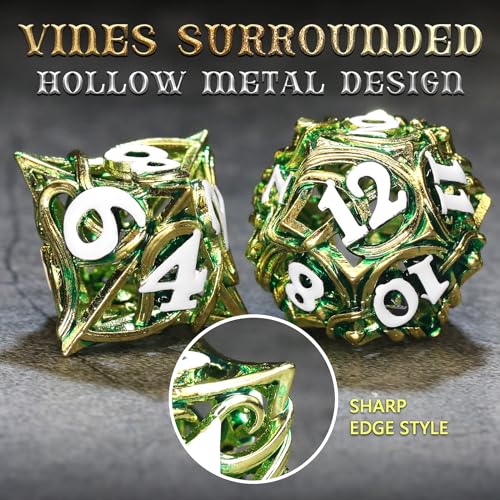 FONVGOGO Metal DND Dice Set of 7 for Dungeons and Dragons Hollow Polyhedral Metal Vine Dice Set D and D with Black Case Role Playing D and D RPG Dice for Tabletop Games Ttrpg (Vine Green) - color: Vine Green