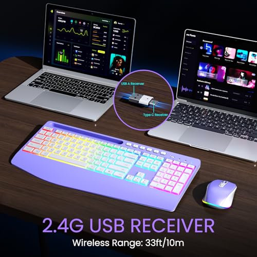 Wireless Keyboard and Mouse Combo- VEILZOR 2.4G Rechargeable Keyboard with Phone Holder, Ergonomic Wrist Rest, 9 RGB Backlit Effects, Silent Keyboard Mouse Set for Windows, Laptop, PC - color: Purple