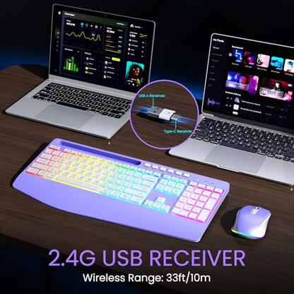 Wireless Keyboard and Mouse Combo- VEILZOR 2.4G Rechargeable Keyboard with Phone Holder, Ergonomic Wrist Rest, 9 RGB Backlit Effects, Silent Keyboard Mouse Set for Windows, Laptop, PC - color: Purple