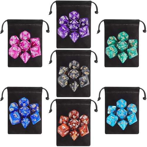 QMay Polyhedral Dice Set - 7 x 7 (49 Pieces) DND Dice with 7PCS Black Drawstring Bags Great for Dungeons and Dragons, RPG, MTG,Role Playing Table Games D4 D6 D8 D10 D% D12 D20 - color: 7 Sets-49pcs
