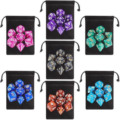 QMay Polyhedral Dice Set - 7 x 7 (49 Pieces) DND Dice with 7PCS Black Drawstring Bags Great for Dungeons and Dragons, RPG, MTG,Role Playing Table Games D4 D6 D8 D10 D% D12 D20 - color: 7 Sets-49pcs
