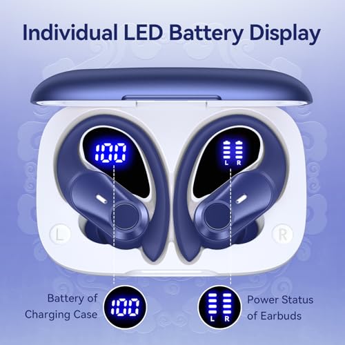 Active Noise Cancelling Ear Buds Wireless Earbuds 80H Playtime Bluetooth Headphones with LED Display Case, Hi-Res Audio Clear Calls Earphones with Over Ear Hooks for Running Gym Workout Travel Blue - color: Blue