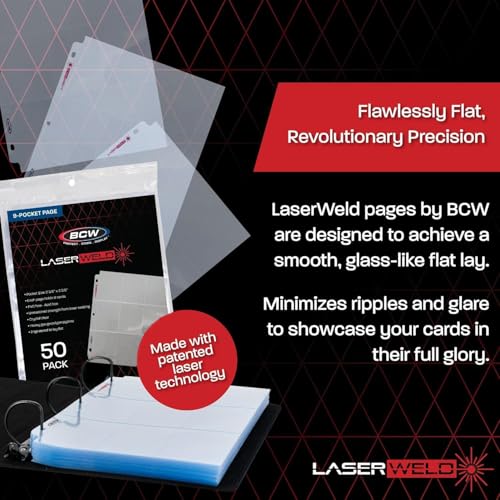 BCW LaserWeld 9 Pocket Pages - 50 Page Pack | Glass-Like Clear Flat Lay | Premium Ultra Flat and Clear Pocket Pages for Cards | Trading Card Binder Sleeves for Pokemon, MTG, Baseball, Basketball - style: 50 Pack