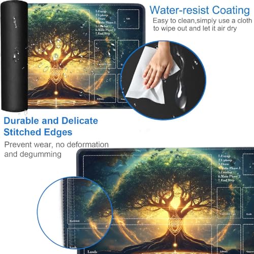 for MTG Card Playmat with Zones-Includes A Storage Bag and 6 Dice, 24 x 14 inches for TCG Playmat with Non-Slip Rubber, Game Mat, Tree of Life - color: Yux-playmats-2-2A-280
