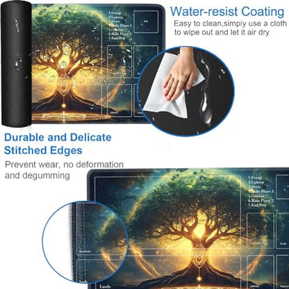 for MTG Card Playmat with Zones-Includes A Storage Bag and 6 Dice, 24 x 14 inches for TCG Playmat with Non-Slip Rubber, Game Mat, Tree of Life - color: Yux-playmats-2-2A-280