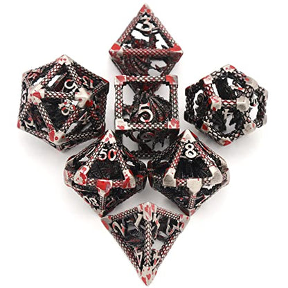 DND Dice Set,3D Hollow Dragon Metal 7-Die,Silver Blood Spot | Copper construction,68g Balanced weight,Engraved numbers,Gift box and Velvet bag for DND RPG play - color: 3d Silver Blood Spot