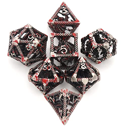 DND Dice Set,3D Hollow Dragon Metal 7-Die,Silver Blood Spot | Copper construction,68g Balanced weight,Engraved numbers,Gift box and Velvet bag for DND RPG play - color: 3d Silver Blood Spot