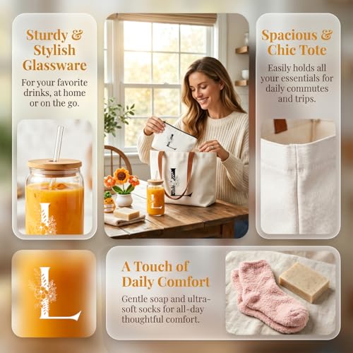 DHQH Birthday Gifts for Women, Monogrammed Gifts Gifts Box Included 16 oz Initial Glass Drinking Cup,Canvas Tote Bag, Personalized Iced Coffee Tumbler Gift for Women Her Mom Teacher Friends Sister, L - color: letter-cup-l