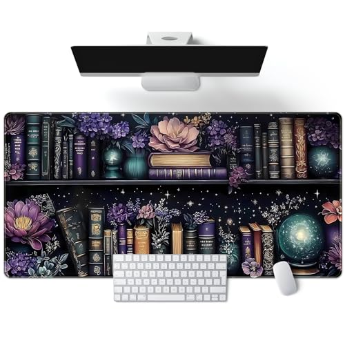 Purple Flowers Bookshelf Desk Mat Bookish Desk Pad Celestial Floral Books Large Mouse Pad XXL Extended Mousepad Aesthetic Keyboard Pad Crystal Globe Mouse Mat 31.5x15.7 in Office Decor for Women - color: Purple Flowers Bookshelf