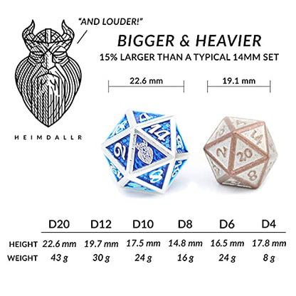 HEIMDALLR Metal DND Dice Set 7 pcs - Dragonhide Design, 16mm Size, Logo on D20; Metal Dice Set & Dice Box; D&D Dice Set D&D (Dungeons and Dragons Dice Set) - Jormungandr Series (Frosteater) - color: 22 Frosteater