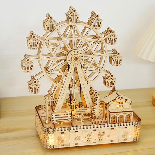 3D Wooden Puzzles for Adults, Ferris Wheel Kit w/Music & Spark Light | 183Pcs Creative Craft Kits for Adults, DIY Assembly Puzzle Desk Decor, Holiday Present for Xmas, Teens Men 14+ STEM Project - style: Ferris Wheel