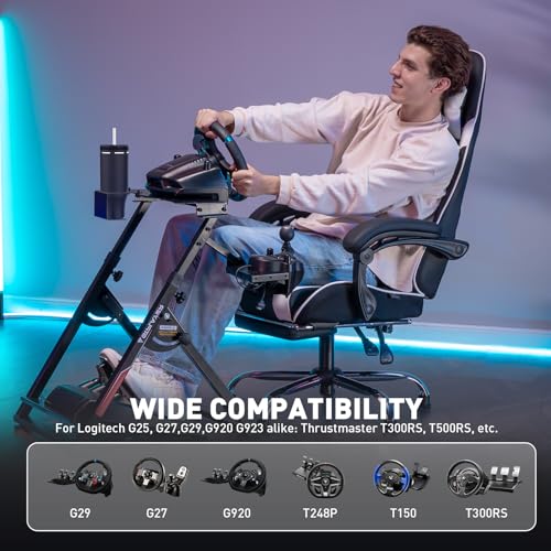 GTPLAYER Sim Racing Wheel Stand Simulator Cockpit Wheel Stand fit for Logitech G25 G27 G29 G920 G923 Thrustmaster T330TS Gaming Stand Wheel Pedals NOT Included, Deep Black With Cup Holder - color: Deep Black