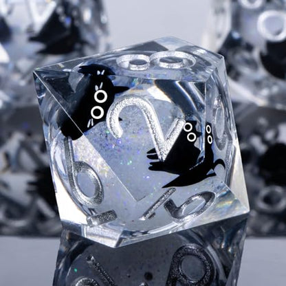 Roycevon Resin DND Dice Set with Gift Box, 7Pcs Liquid Core Cat D&D Dice, Cute Dungeons Dragons D and D Dice, Sharp Edge Role Playing Game Dice D20 D12 D10 D8 D6 D4, White - color: White