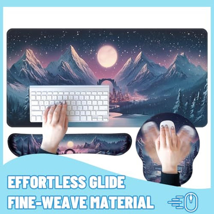 Fantasy City Desk Mat Set Night Moon Mountain Landscape Mouse Pad with Wrist Rest 4in1 Desk Mat for Desktop Ergonomic Keyboard Wrist Support Anti-Slip Computer Ergonomic Mouse Pad Home Office Gaming - color: Fantasy City