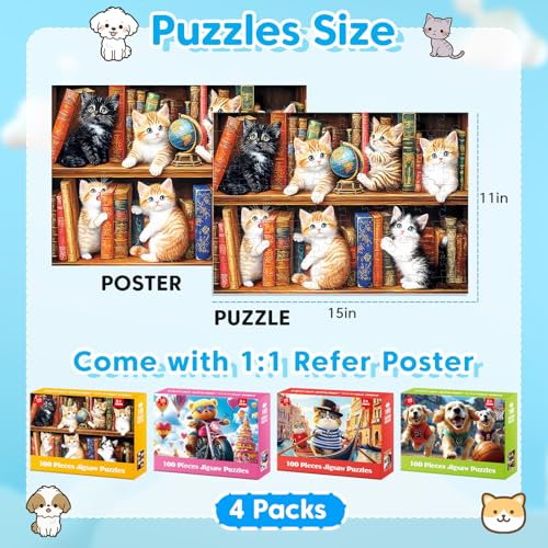 4-Pack 100 Piece Puzzles for Kids Ages 4-6 6-8 8-10 Year Old - Lovely Cats & Bear & Dogs Large Piece Jigsaw Puzzles, Kids Puzzles Learning Educational Toys Christmas Puzzle Gifts for Boys Girls - style: Lovely Cats Bear Dogs
