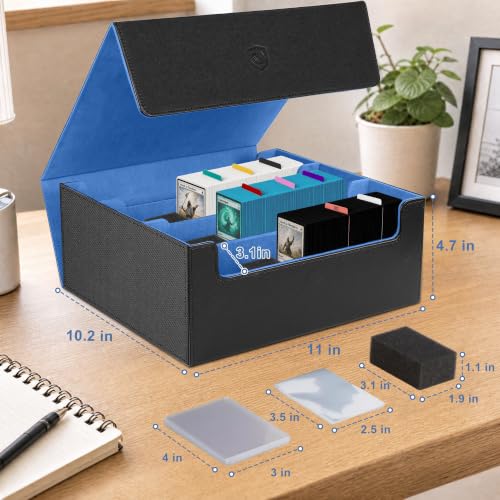 Trading Card Storage Box, Holds 1800 Sleeved Card, PU Magnetic Closure | 200 Toploaders and 600 Penny Sleeves INCLUDED, 10 Dividers and 6 Foam Stoppers INCLUDED, Fit for MTG, TCG and Sports Cards - color: Black and Blue