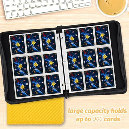 900 Pockets Round Ring Trading Card Binder, 9-Pocket Clear Zipper Card Album with Wrist Strap, Holds 900 Standard TCG & Sports Cards, Not Fit Top Loaders (Carbon Yellow) - color: 9 Pocket 900 Carbon Yellow