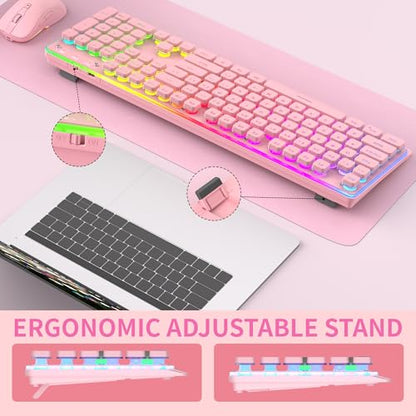 MAGEGEE Wireless Keyboard and Mouse Combo, 2.4G Full Size RGB Keyboard with 104 Keys, Rechargeable Wireless Mouse with 3 DPI, Ergonomic Computer Keyboard and Mouse Set for Windows Mac Laptop PC - color: Pink