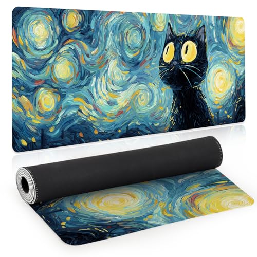 Gaming Mouse Pad, Big Cute Mousepad, XL Large Extended Desk Mat with Non-Slip Rubber Base, Laptop Desk Pad, Computer Keyboard Mat Office&Home, 31.5x11.8in, Starry Night Black Cat - color: Starry Night Cat