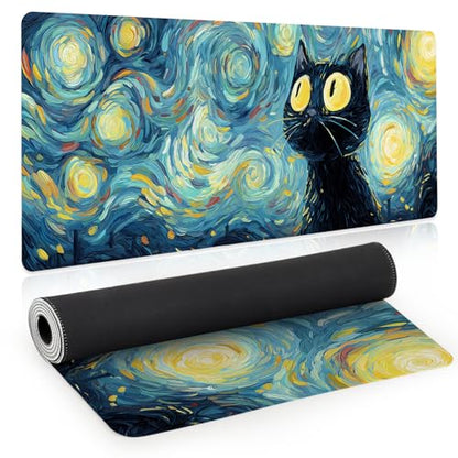 Gaming Mouse Pad, Big Cute Mousepad, XL Large Extended Desk Mat with Non-Slip Rubber Base, Laptop Desk Pad, Computer Keyboard Mat Office&Home, 31.5x11.8in, Starry Night Black Cat - color: Starry Night Cat