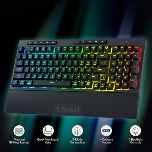 Redragon K515 PRO Shiva RGB Wireless Membrane Gaming Keyboard, 98 Keys Mechanical-Feel Keyboard w/Smooth Linear Switch, On-Board Macro & Multimedia Keys, Detachable Wrist Rest, Software Supported - color: Black, size: 98 Keys Pro