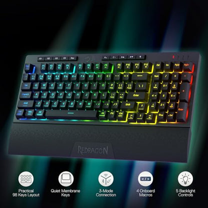 Redragon K515 PRO Shiva RGB Wireless Membrane Gaming Keyboard, 98 Keys Mechanical-Feel Keyboard w/Smooth Linear Switch, On-Board Macro & Multimedia Keys, Detachable Wrist Rest, Software Supported - color: Black, size: 98 Keys Pro