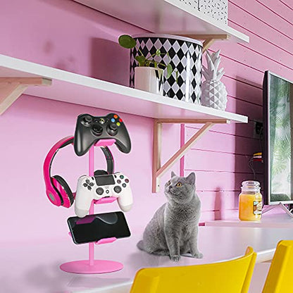 Controller Holder Pink,Headphone Stand,3 Tier Multi Adjustable Game Controller Headset Hanger for All Universal Gaming PC Accessories, Xbox PS4 PS5 Nintendo Switch(Cute Pink) - color: Cute Pink