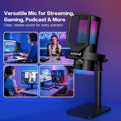 ZealSound Wireless Microphone for PC Mac iPhone iPad & Android, USB Mic with Noise Reduction, Tap Mute and Volume Control, RGB Light and Real-Time Monitoring, for Podcasting Streaming Gaming & TikTok - color: RGB