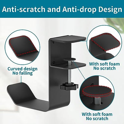 tiebutie Universal Metal Headphone Hook for Desk Hanger Headset Holder Stand with Adjustable Arm Clamp PC Gaming Headset Headphone Holder Desk for Most Headphones and Other Accessories