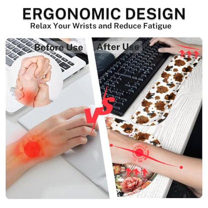 Arttown Keyboard Mouse Pad Set, 4 in 1 Desk Mat Set Highland Cow | Flower Leaves Cartoon Large Mousepad+Keyboard Wrist Rest+Mouse Wrist Rest+Coaster Ergonomic Design for Home Office Computer - color: Cute Highland Cow