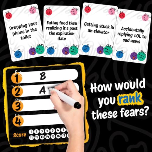 Fear Stack – What Freaks Out Your Friends and Family? A Fun Ranking Game for Adults and Kids | Includes 184 Cards, 4 Whiteboards, and 4 Markers