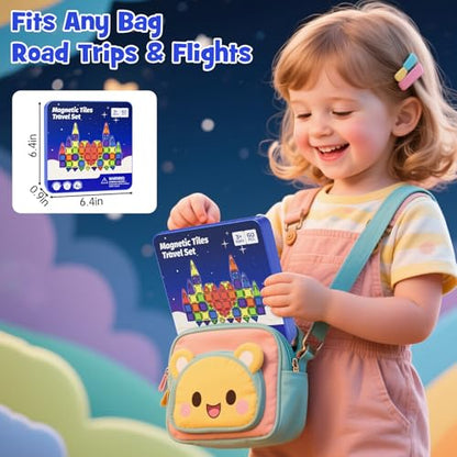 Mini Magnetic Tiles Travel Kit: 60Pcs Airplane Activities & Road Trip Toys | Visual Storage Box & Metal Play Base - Portable STEM Sensory Building Blocks for Toddlers & Kids Ages 3-8 - style: Mini Magnetic Tiles Travel Construction Set - 60PCS