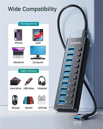 Powered USB Hub 3.0, Leinsis 10-Port USB 3.0 Hub [Durable Aluminum] 10 Data Transfer Ports+ 4 Smart Charging Ports with Individual On/Off Switches, USB Hub 3.0 Powered with Power Adapter for Laptop PC - size: 10-Port USB 3.0 Hub
