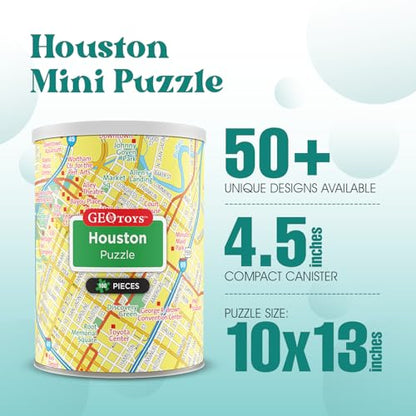 Geotoys Houston Mini City Puzzle - 100 Piece Puzzles for Kids and Adults in Portable Can, 13" x 10" Educational Travel Puzzle for Ages 7 and Up - Mini Puzzles to Learn & Explore Geography - style: Houston