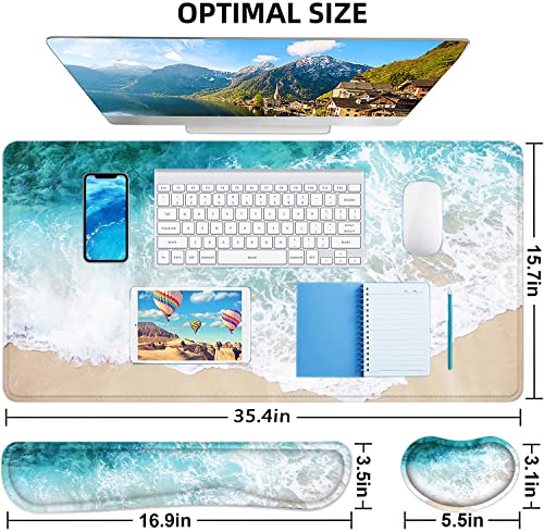 Large Mouse Pad with Wrist Rest, 4-in-1 Wrist Rest for Keyboard and Mouse | Non-Slip Waterproof Desk Mat Set, 35.4"x15.7" Desk Mat+Keyboard Wrist Rest+Mouse Wrist Support+Cup Coaster for Home Office - color: 4Pcs-Beach