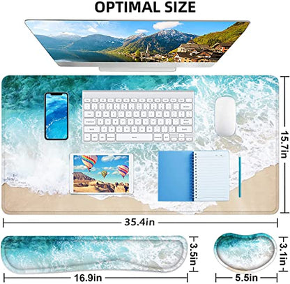 Large Mouse Pad with Wrist Rest, 4-in-1 Wrist Rest for Keyboard and Mouse | Non-Slip Waterproof Desk Mat Set, 35.4"x15.7" Desk Mat+Keyboard Wrist Rest+Mouse Wrist Support+Cup Coaster for Home Office - color: 4Pcs-Beach