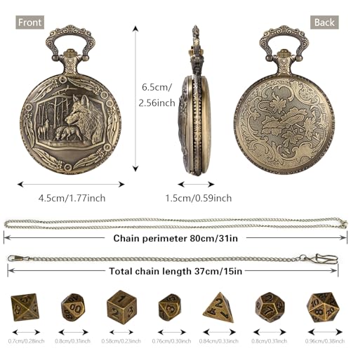 Mini DND Dice Set with Steampunk Wolf Pocket Watch Shell Case, 7pcs Polyhedral Metal D&D Dice, DND Gifts with Gift Box, Role Playing Board Games Accessories - color: Bronze