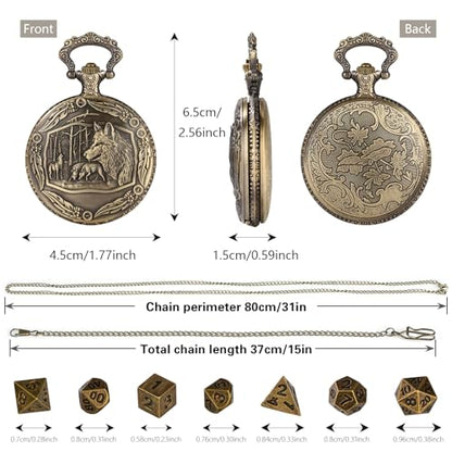 Mini DND Dice Set with Steampunk Wolf Pocket Watch Shell Case, 7pcs Polyhedral Metal D&D Dice, DND Gifts with Gift Box, Role Playing Board Games Accessories - color: Bronze