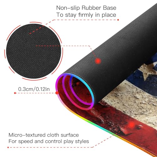 Gaming Mouse Pad Art USA Print, Multiple Modes RGB Light Large Fabric Keyboard Pad with Anti Slip Rubber Base Medium - size: Medium