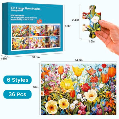 6 Packs 36 Pieces Large Puzzles for Seniors,Dementia Puzzles for Elderly Adults,Jigsaw Puzzles for Adults Seniors with Alzheimer's Dementia with 6 Storage Bags - style: Dog Birthday Flowers