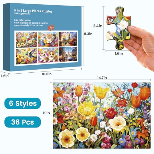 6 Packs 36 Pieces Large Puzzles for Seniors,Dementia Puzzles for Elderly Adults,Jigsaw Puzzles for Adults Seniors with Alzheimer's Dementia with 6 Storage Bags - style: Dog Birthday Flowers