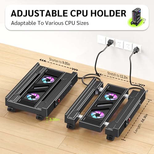 CABTE Computer Tower Stand with Charging Station and Cooling System | Adjustable Mobile CPU Holder with 4 Rolling Casters, Under Desk CPU Bracket PC Floor Cart PC Riser for Office, Home - color: Socket with Fan