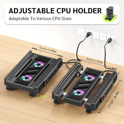 CABTE Computer Tower Stand with Charging Station and Cooling System | Adjustable Mobile CPU Holder with 4 Rolling Casters, Under Desk CPU Bracket PC Floor Cart PC Riser for Office, Home - color: Socket with Fan