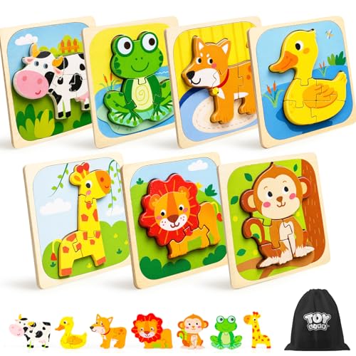 TOY Life Toddler Puzzles Ages 2-4, Wooden Puzzles for Toddlers 1-3, 7 Pcs Animals Puzzle 2 Year Old, Montessori Toddler Boys Girls Toys 2-3, Educational Gift Learning Toys for 2 Year Old - style: Farm Animals