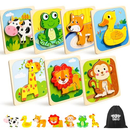 TOY Life Toddler Puzzles Ages 2-4, Wooden Puzzles for Toddlers 1-3, 7 Pcs Animals Puzzle 2 Year Old, Montessori Toddler Boys Girls Toys 2-3, Educational Gift Learning Toys for 2 Year Old - style: Farm Animals