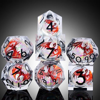 Red Dragon DNDND Sharp Dice with Black Numbers | Liquid Core 7-Piece D&D Dice Set | Dragon Themed Metal Case | Ideal RPG Gift - color: Liquid Dragon