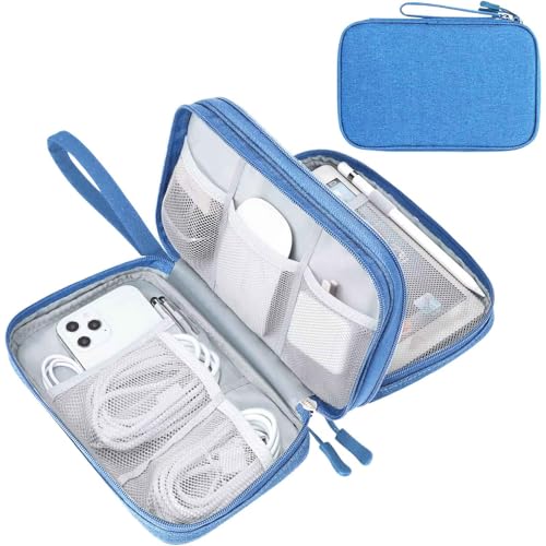 FYY Electronic Organizer, Travel Tech Pouch Bag, Large, Cyan | Wrist Strap, Waterproof, Double Layers Portable Electronics Travel Carrying Case for Cord, Charger, Daily Business Trips Use - color: Cyan, size: Large