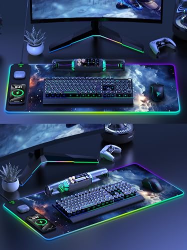 Wireless Charging Mouse Pad, RGB Gaming Mousepad Home Office Desk Pad, 31.5” x 15.8” XXL Large Desk Mat, Waterproof Keyboard Pad, Blue Nebula(Includes 20W PD Power Adapter & 6.56ft Woven Cable) - color: Upgraded Rgb - Blue Nebula With Adapter